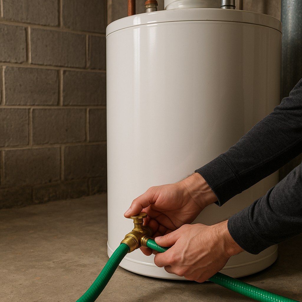 Person attaching hose to heater drain