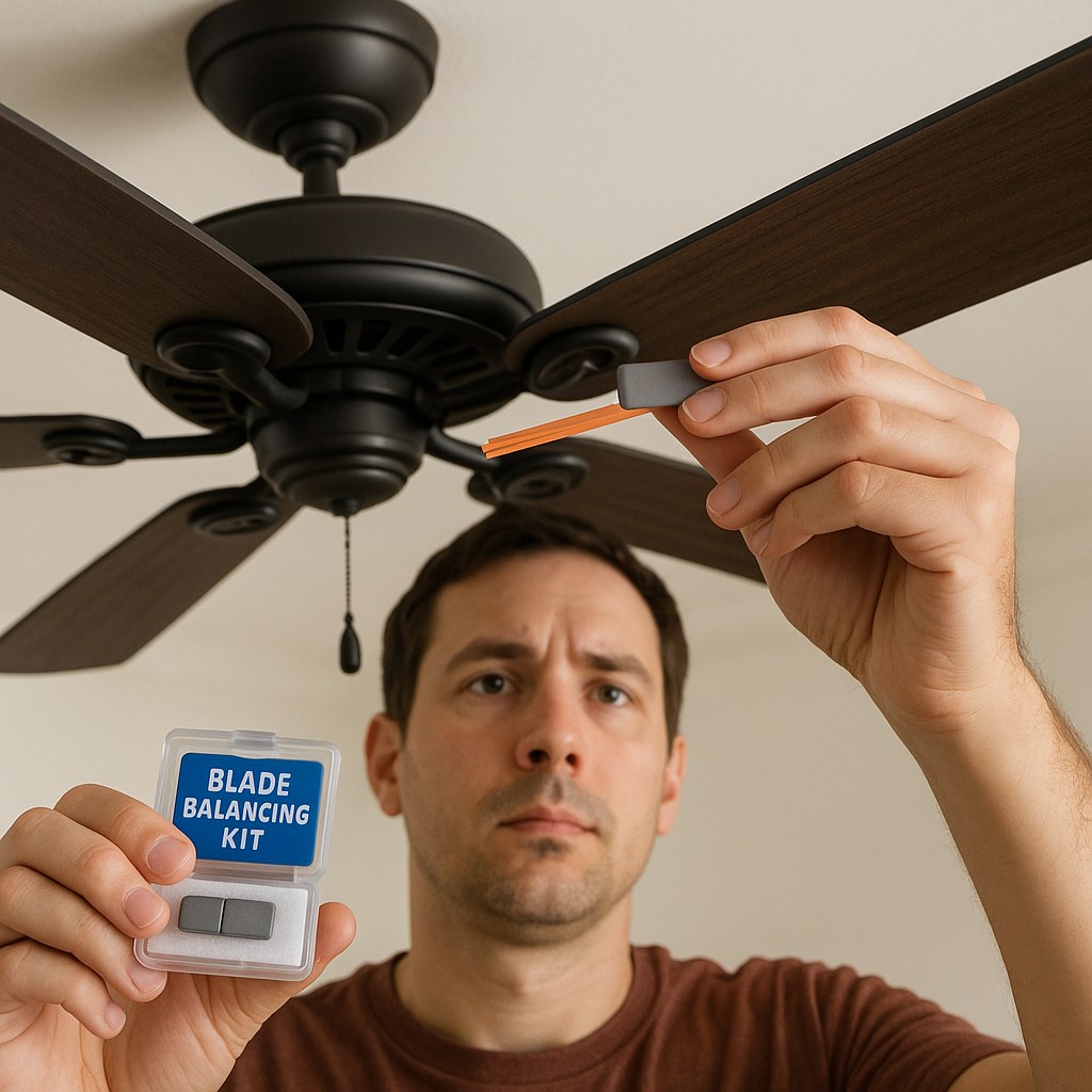 person balancing ceiling fan blade
