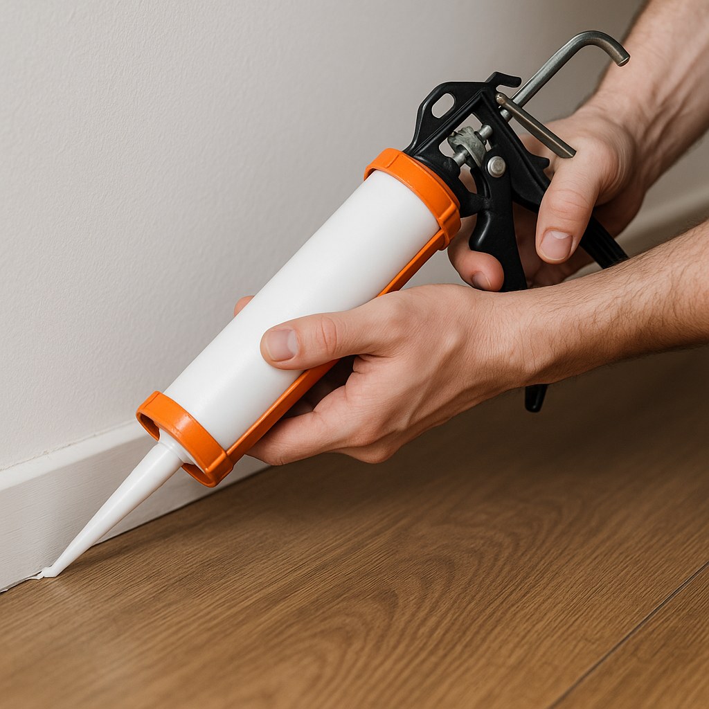 Person caulking baseboard crack