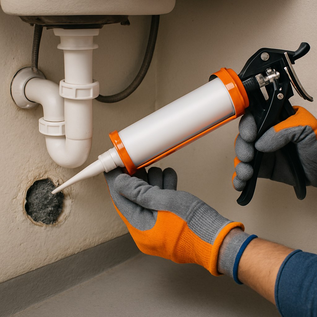 person caulking pipe under sink