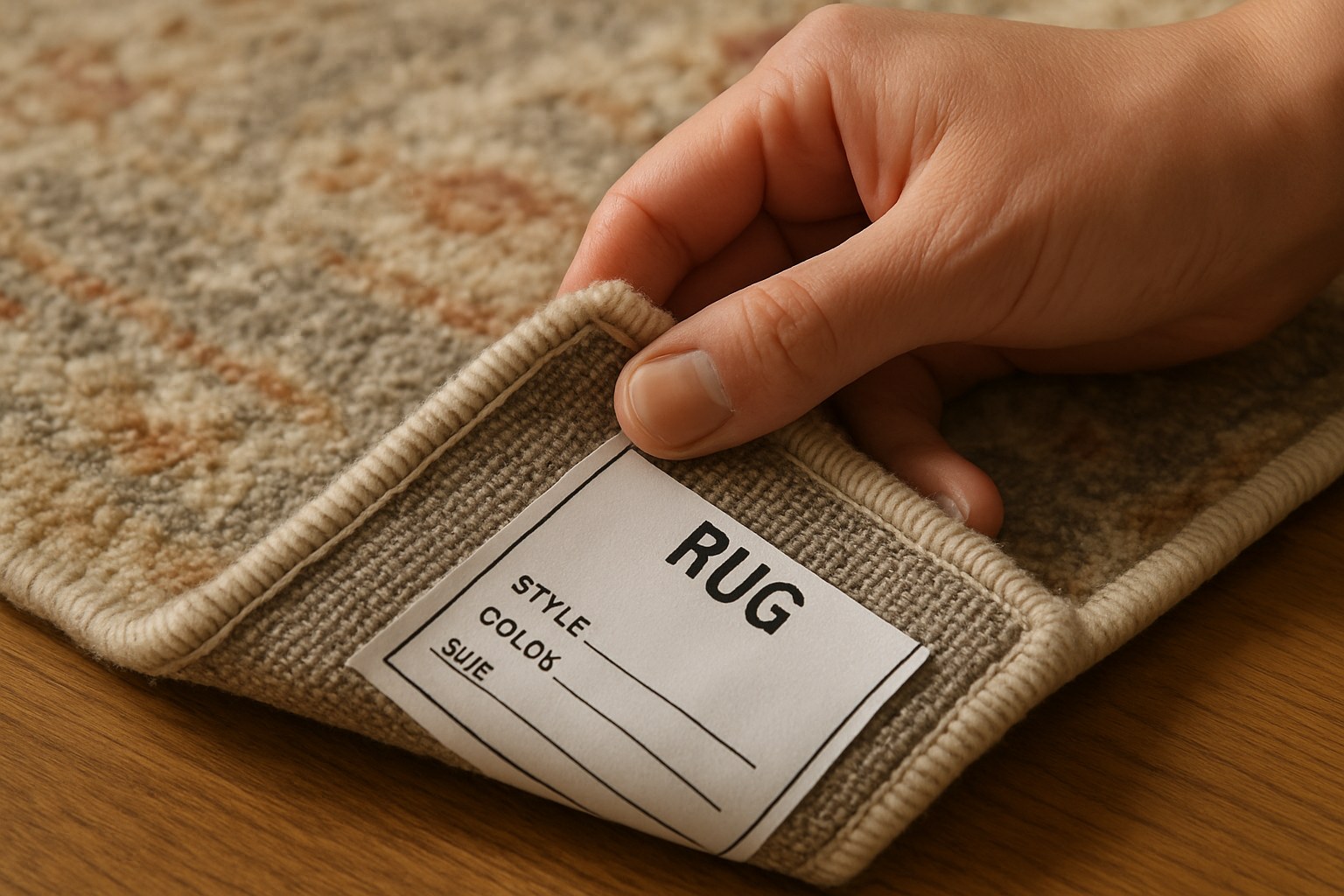 Person checking area rug tag