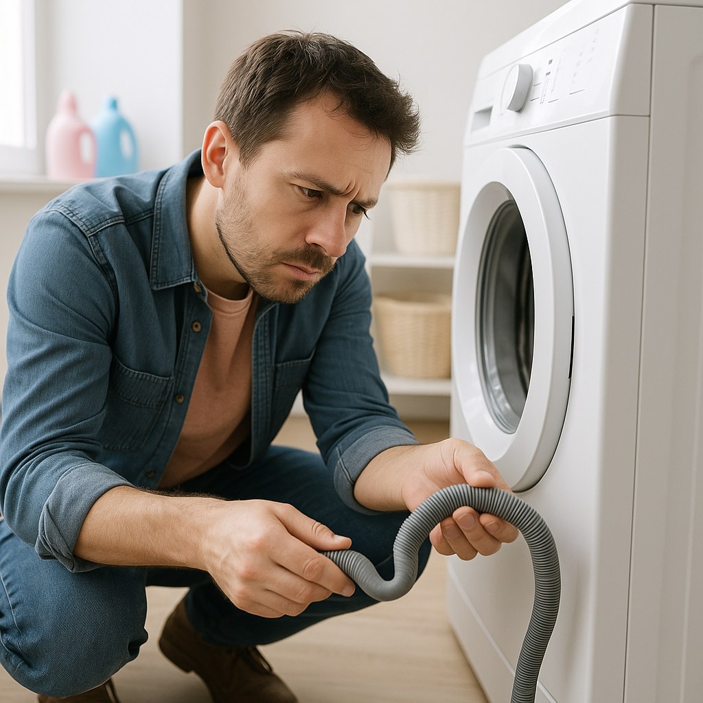 person checks kinked washing machine hose