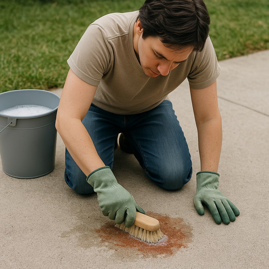 Person cleaning concrete patio stain