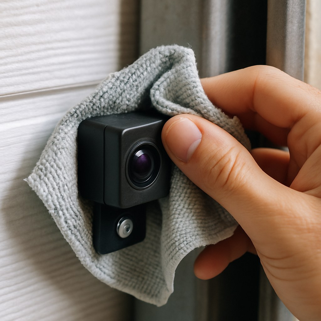 person cleaning garage sensor with cloth