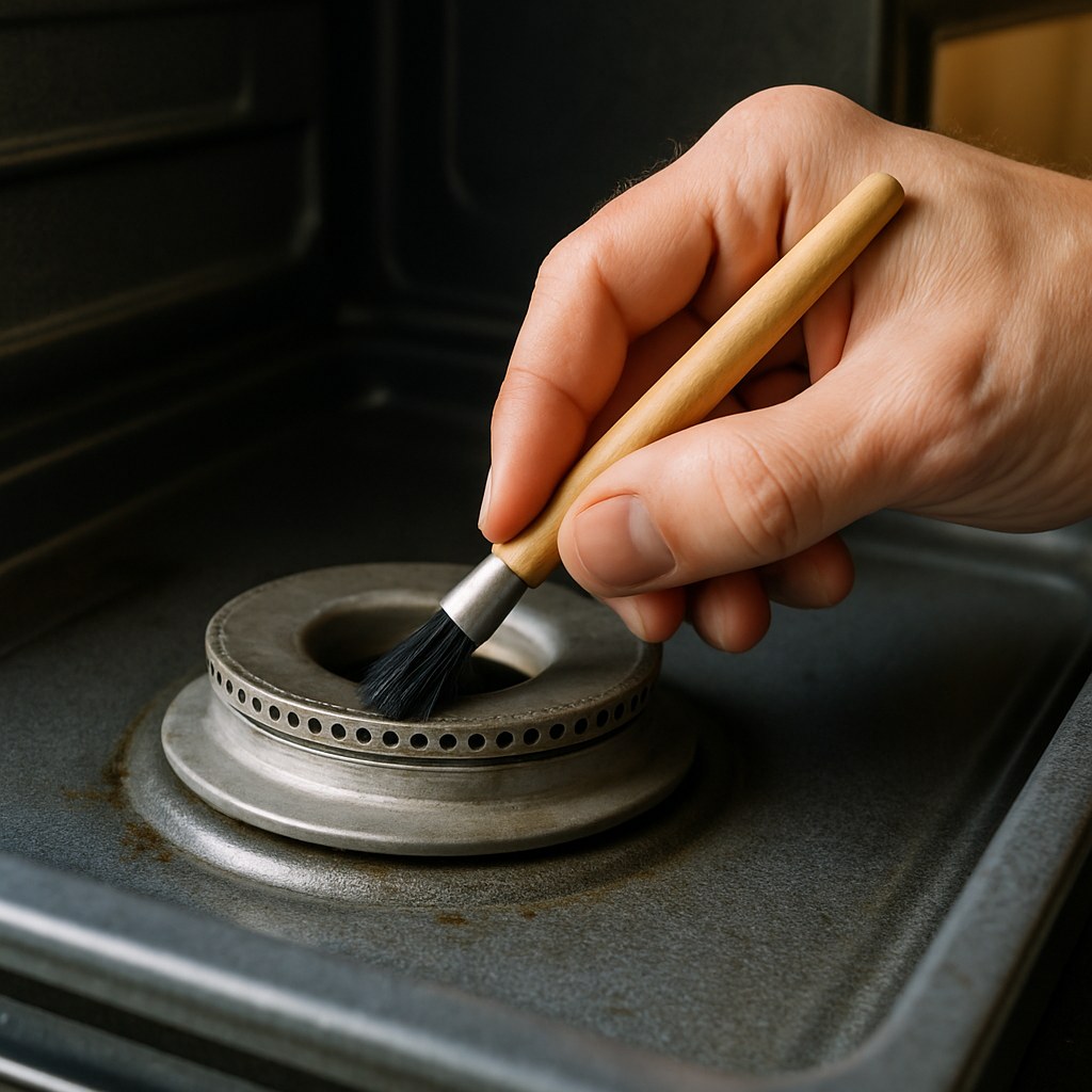 person cleaning gas oven burner ports