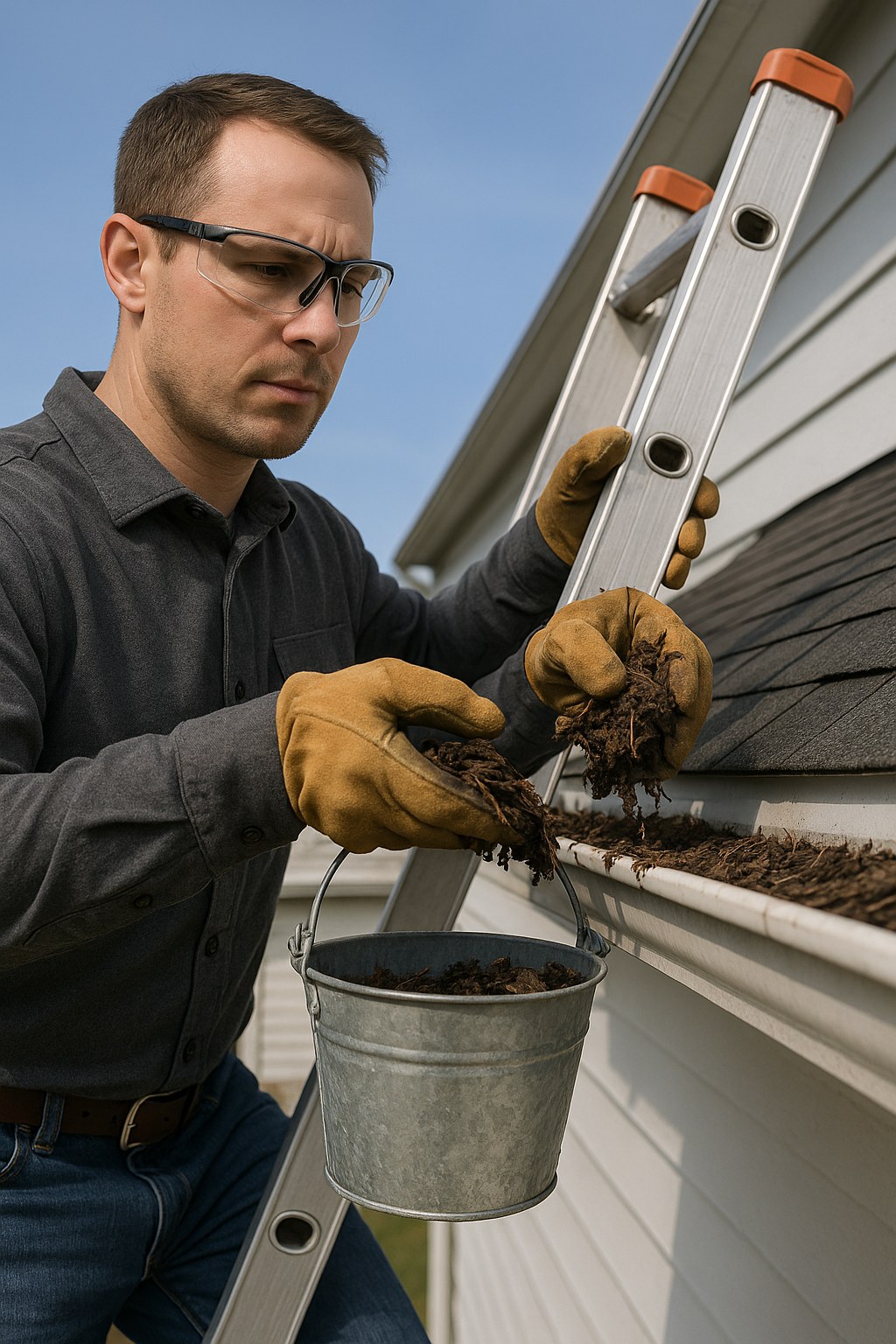 person cleaning gutter on ladder