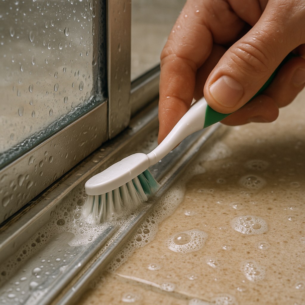 person cleaning sliding shower door track