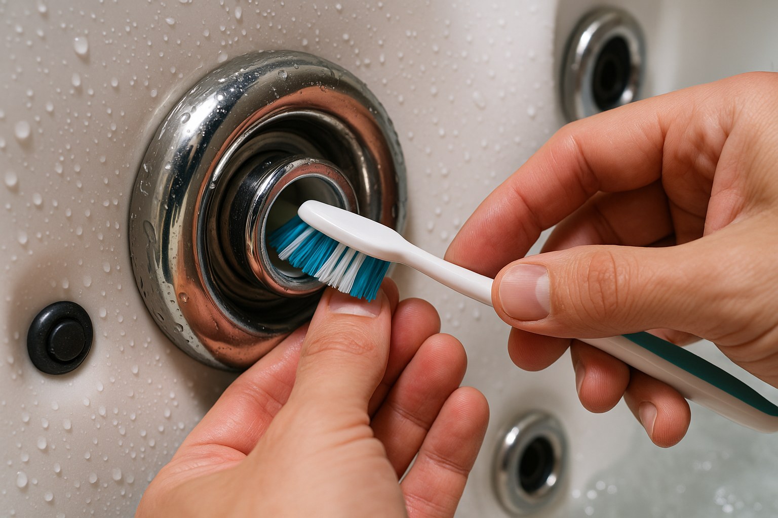 person cleaning spa jet nozzle