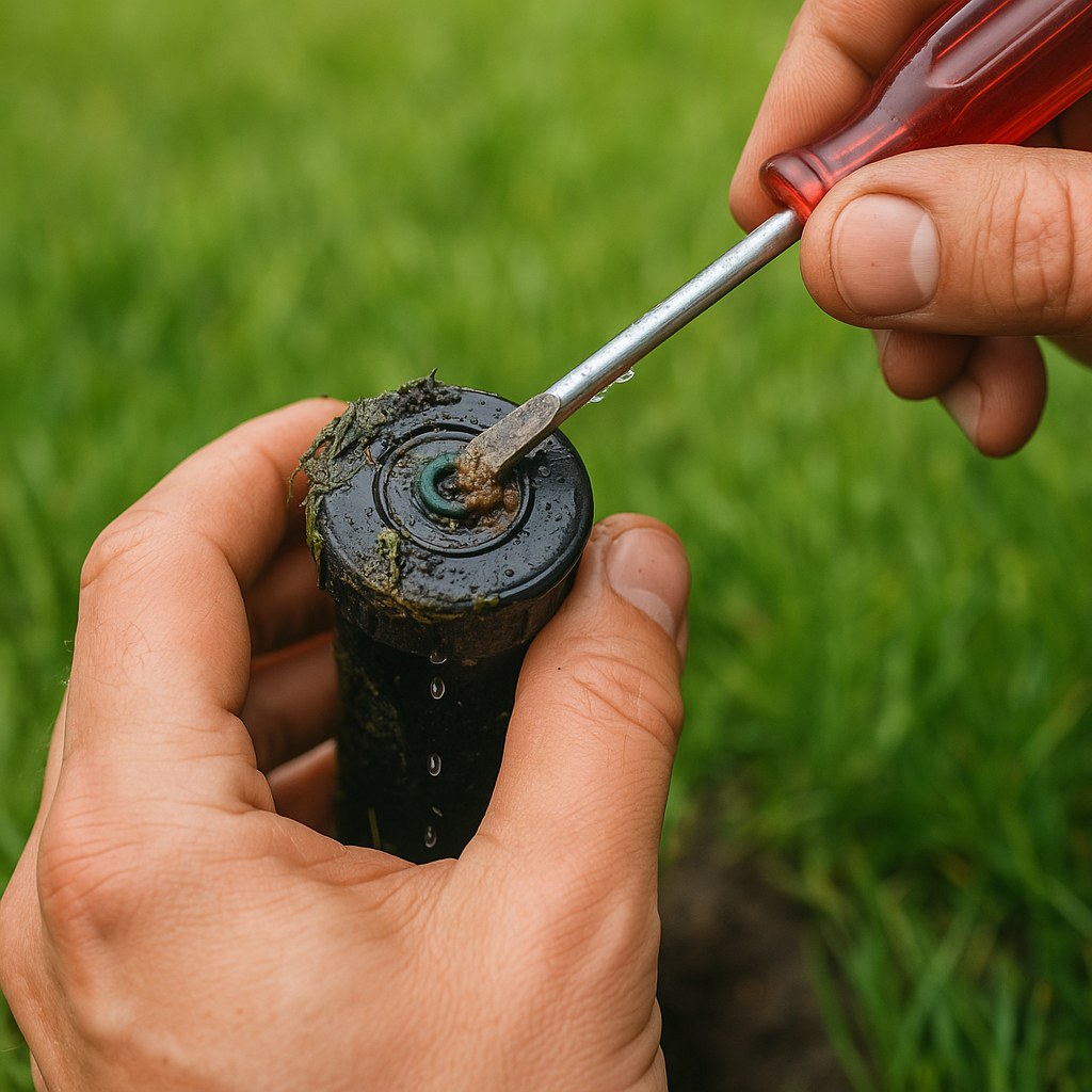 person cleaning sprinkler head with screwdriver