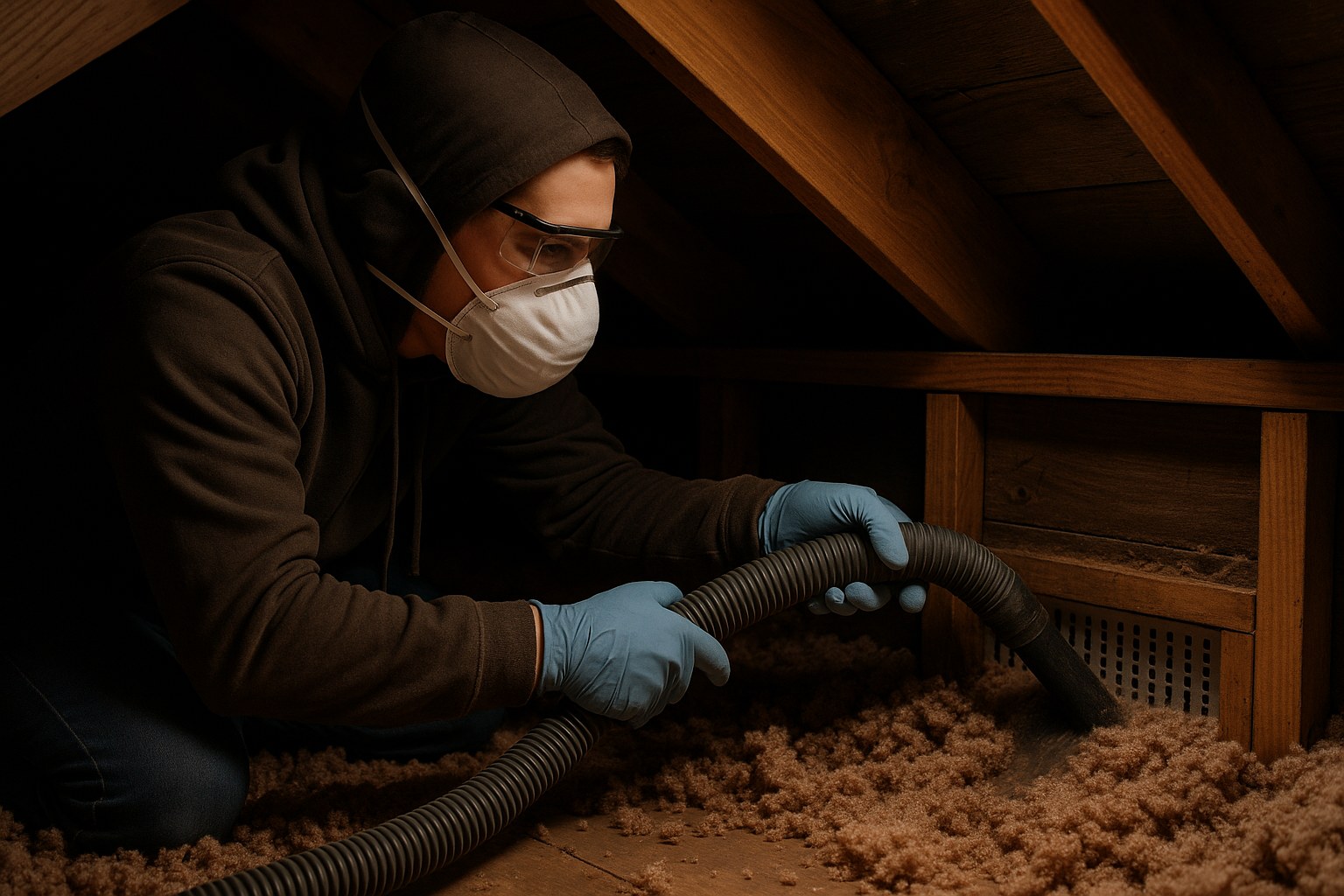 person cleans attic insulation with vacuum