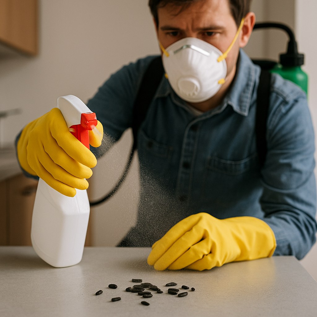 Person cleans surface with disinfectant