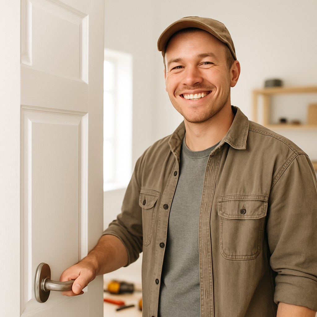 person closing repaired door with smile