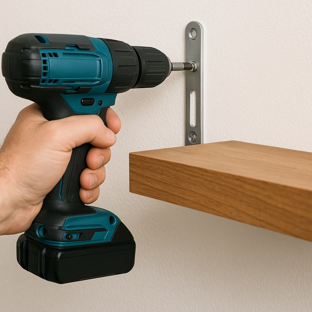 Person drilling shelf bracket on stud