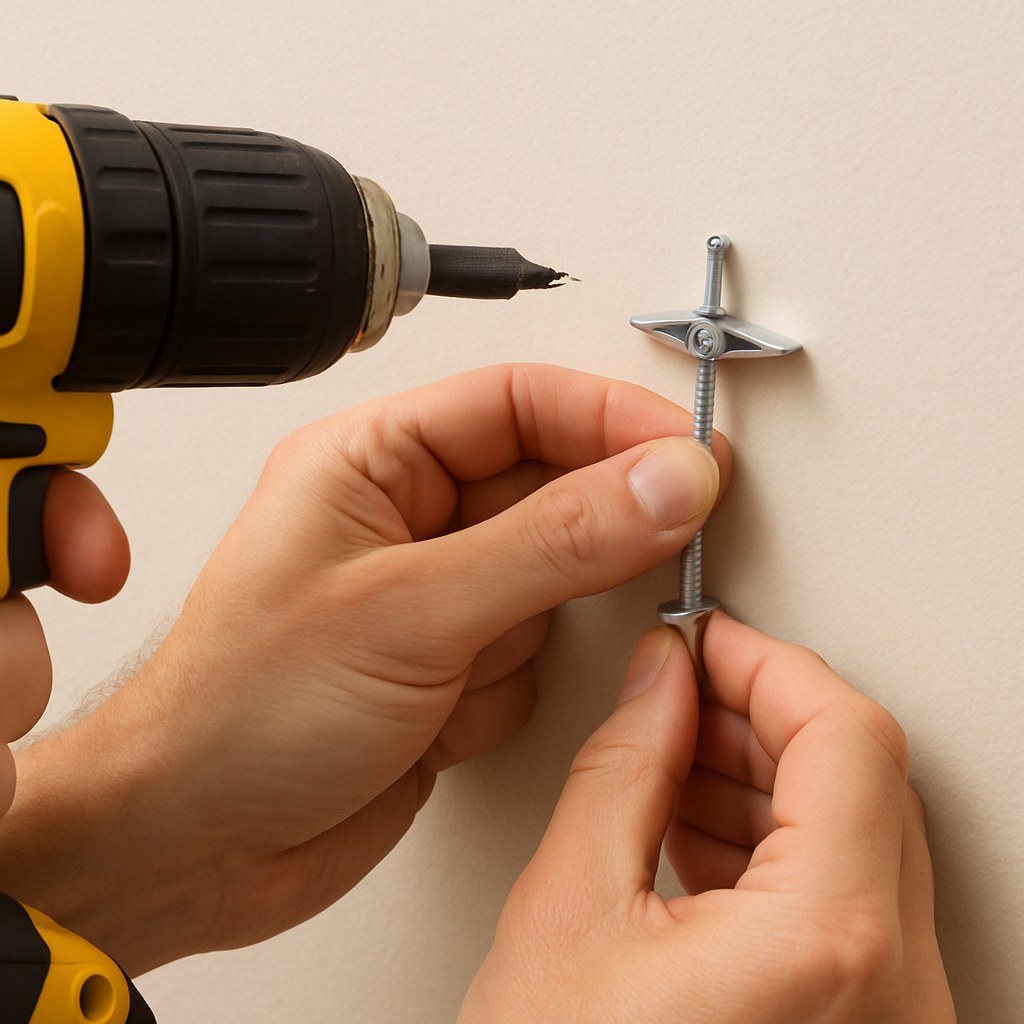 person drilling toggle bolt anchor