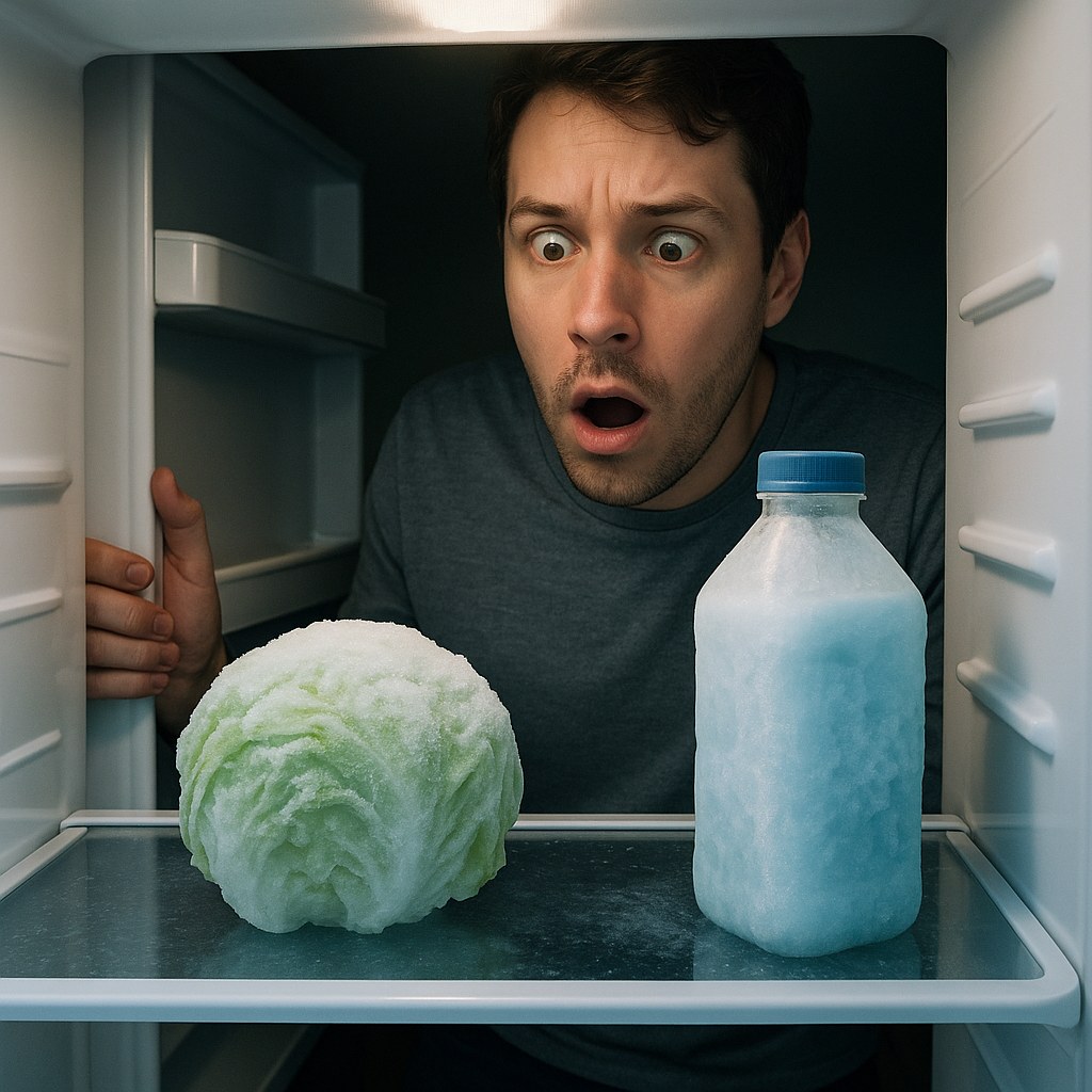 person finds frozen lettuce and milk
