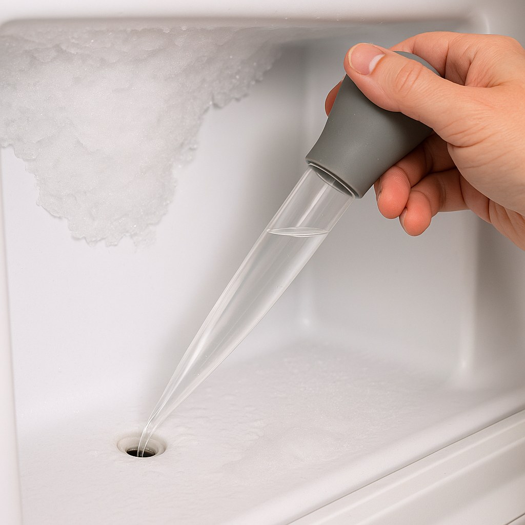 Person flushes freezer drain with baster
