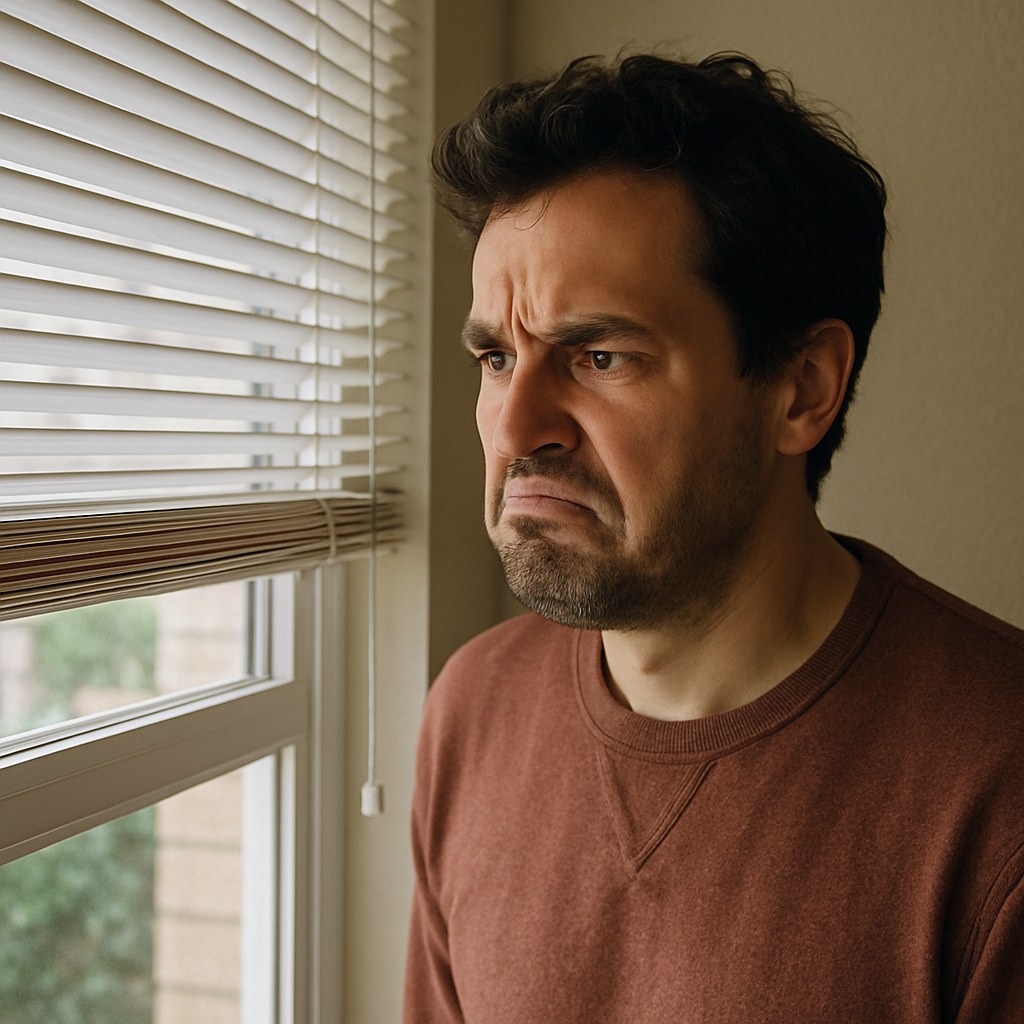 Person frustrated with misaligned window blinds