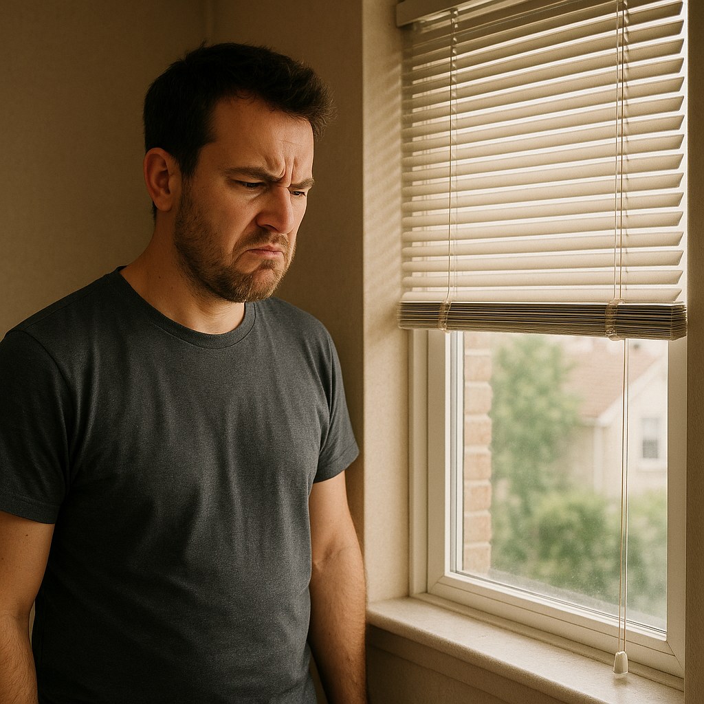 person frustrated with stuck window blinds