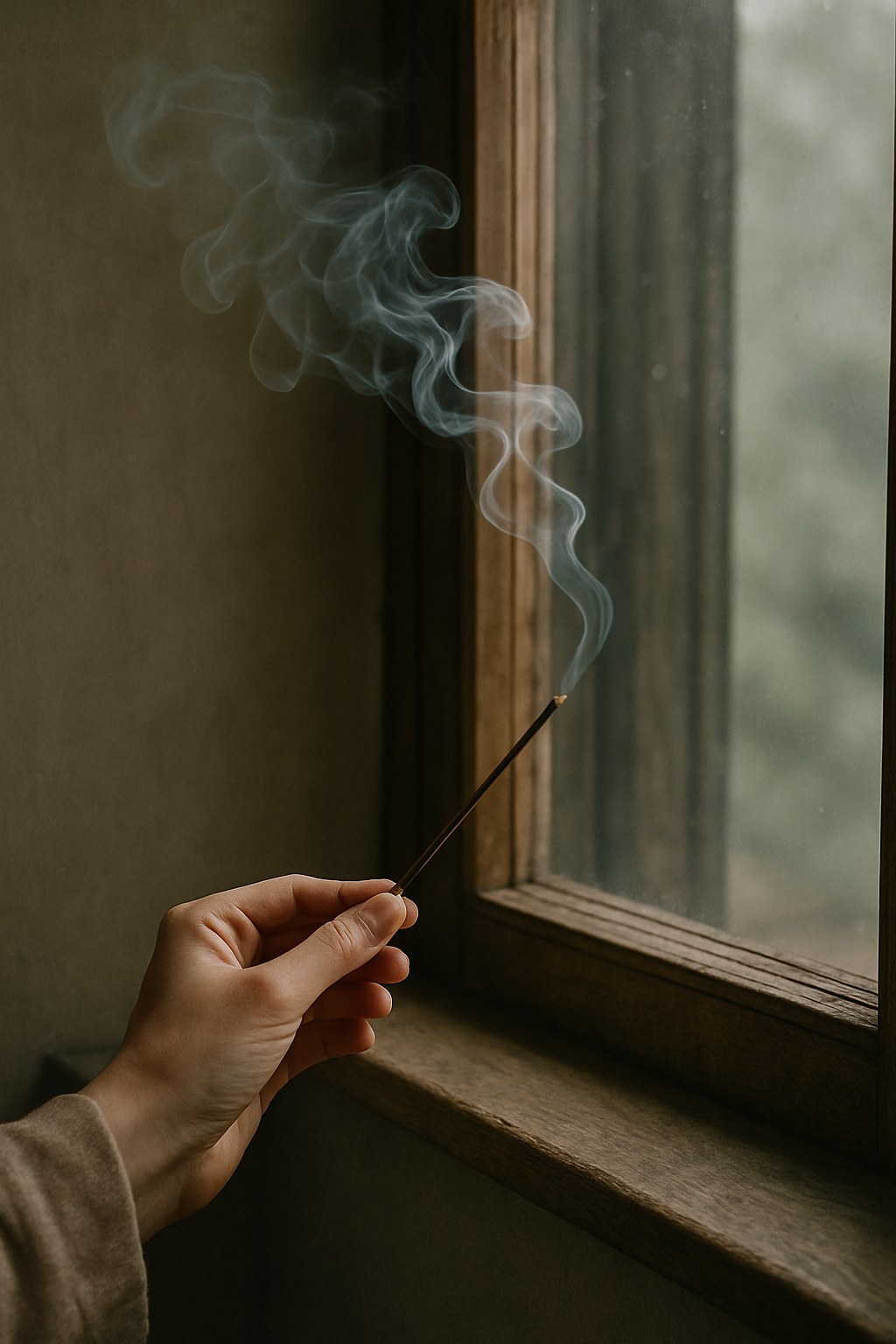 person holding incense near window draft