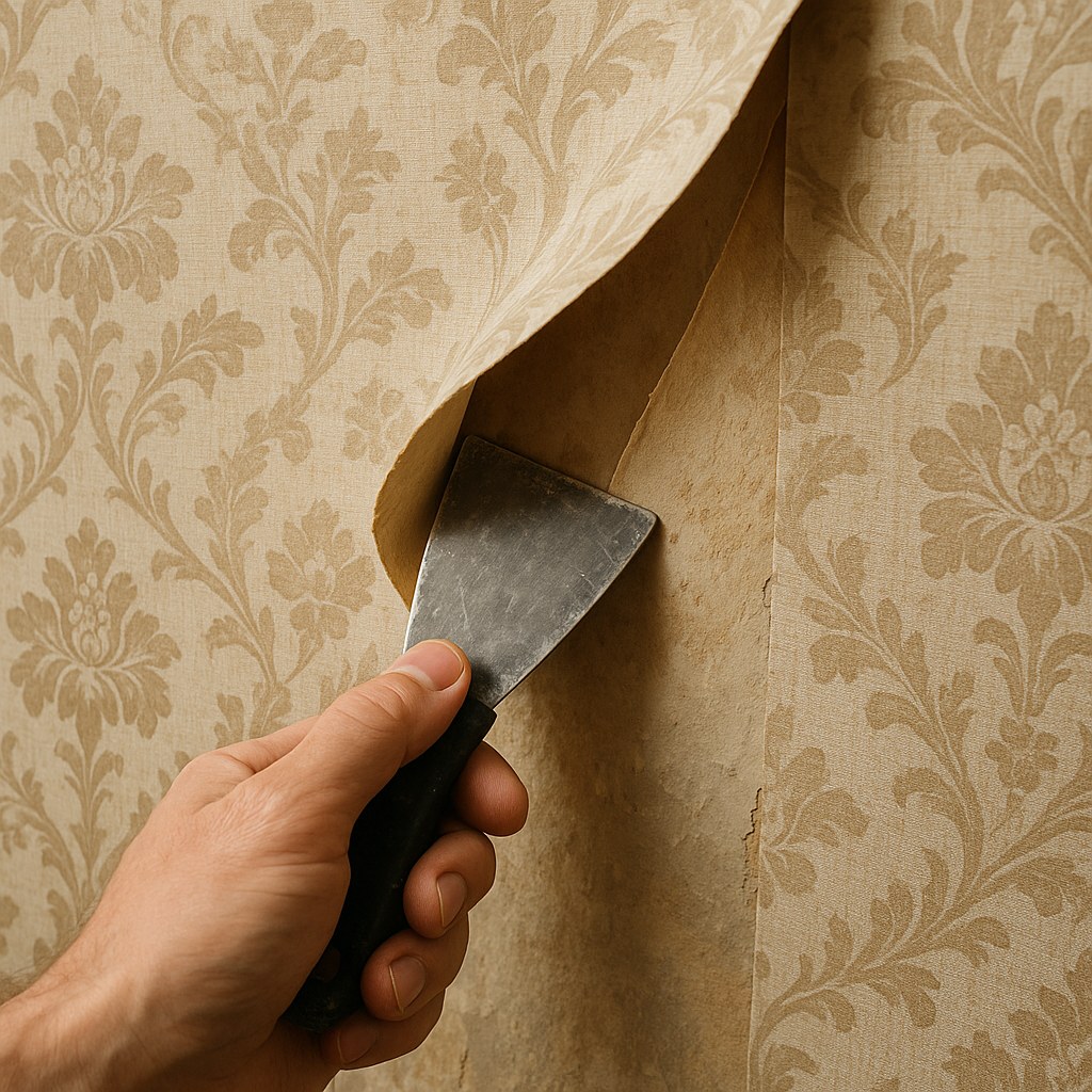 person inspecting behind peeling wallpaper