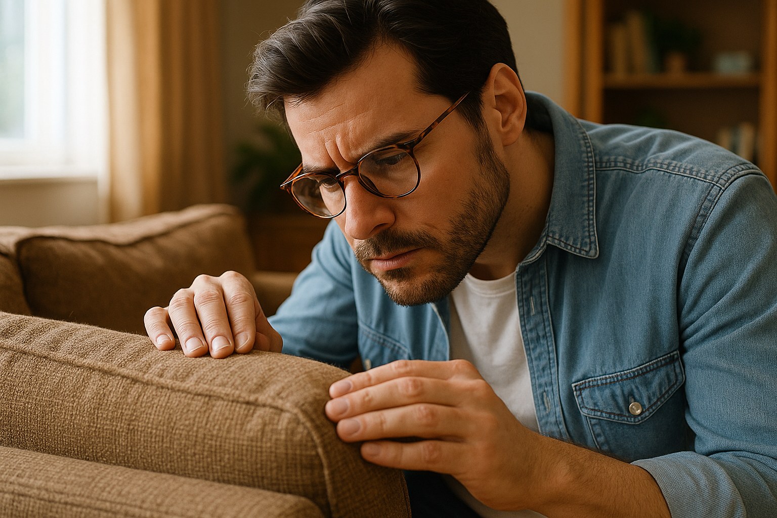 Person inspecting couch cushion for odor