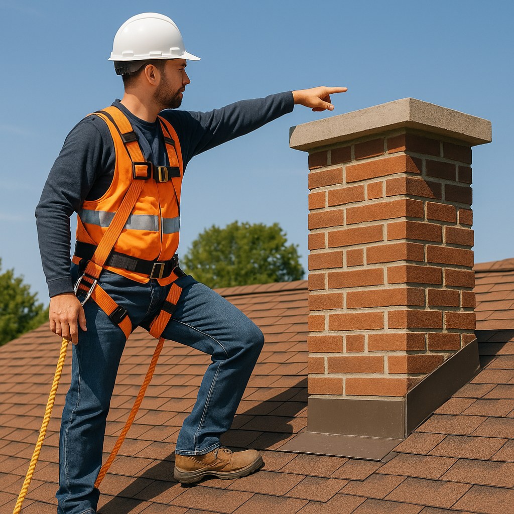 Person inspecting roof chimney crown