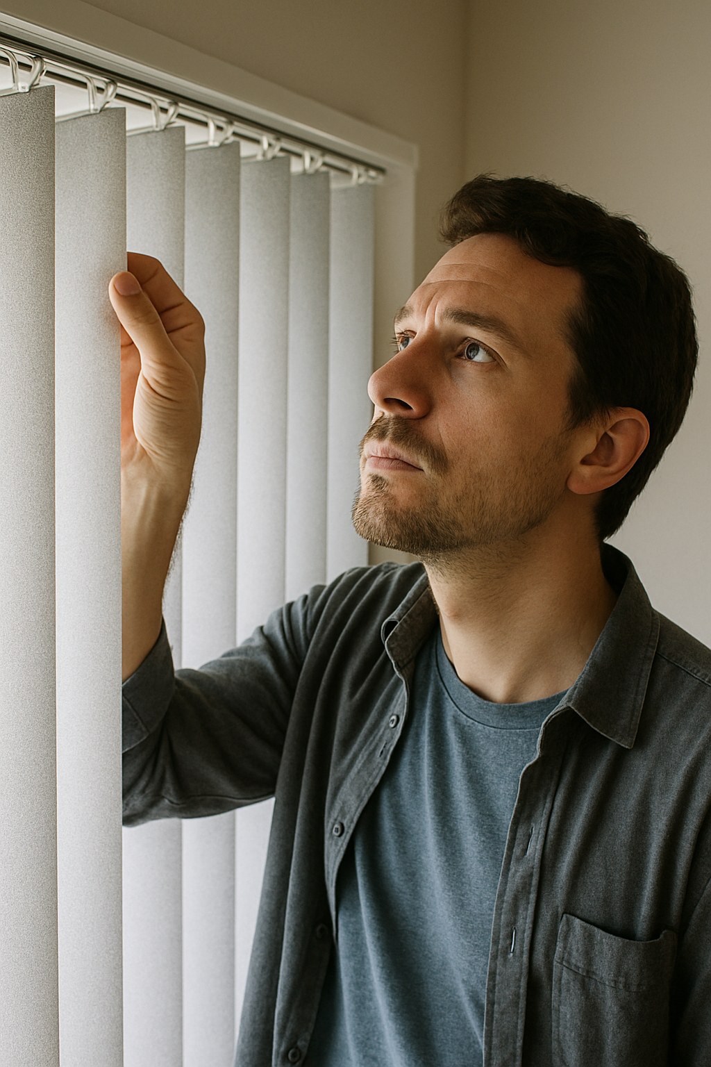 person inspecting vertical blinds track