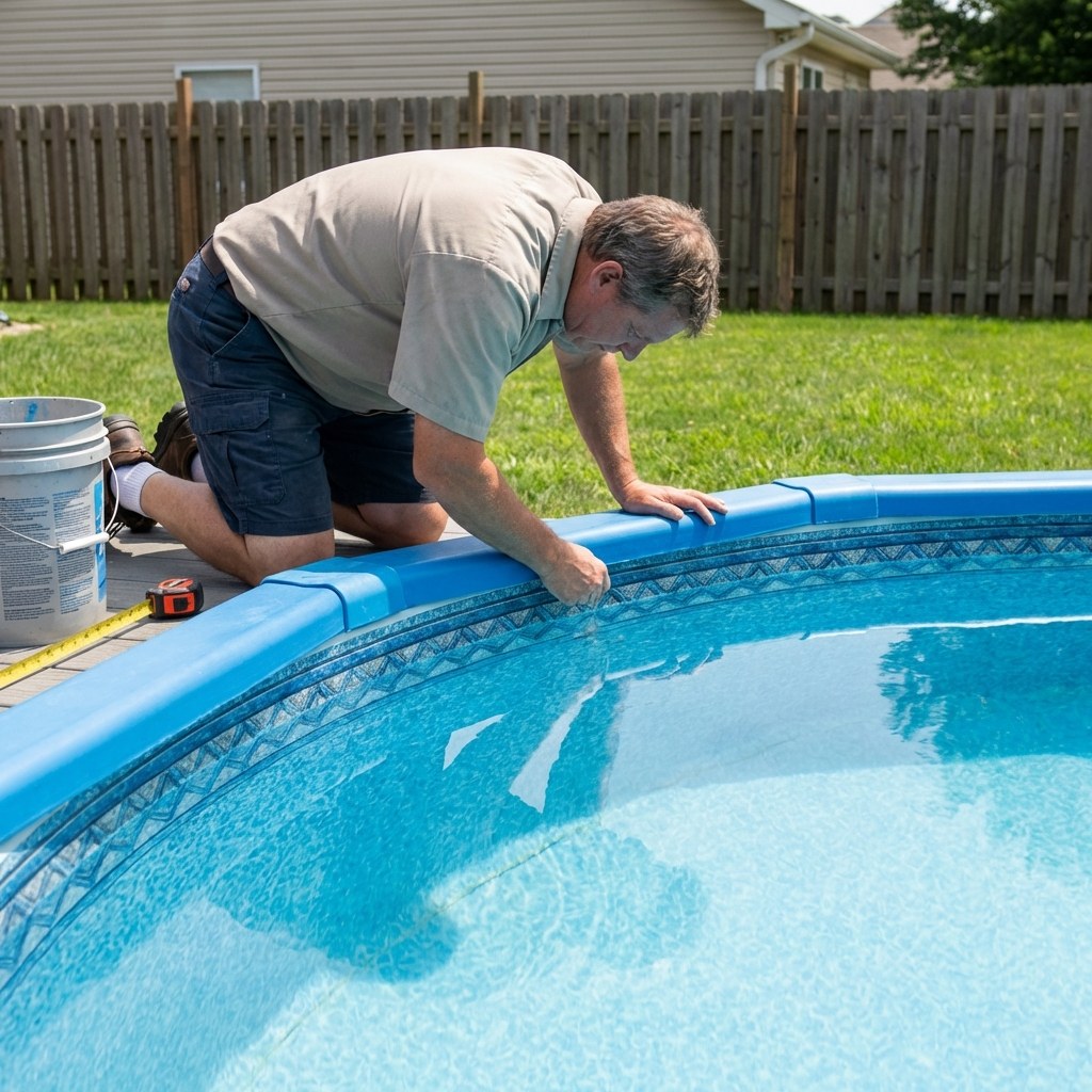 Person inspecting vinyl pool water line