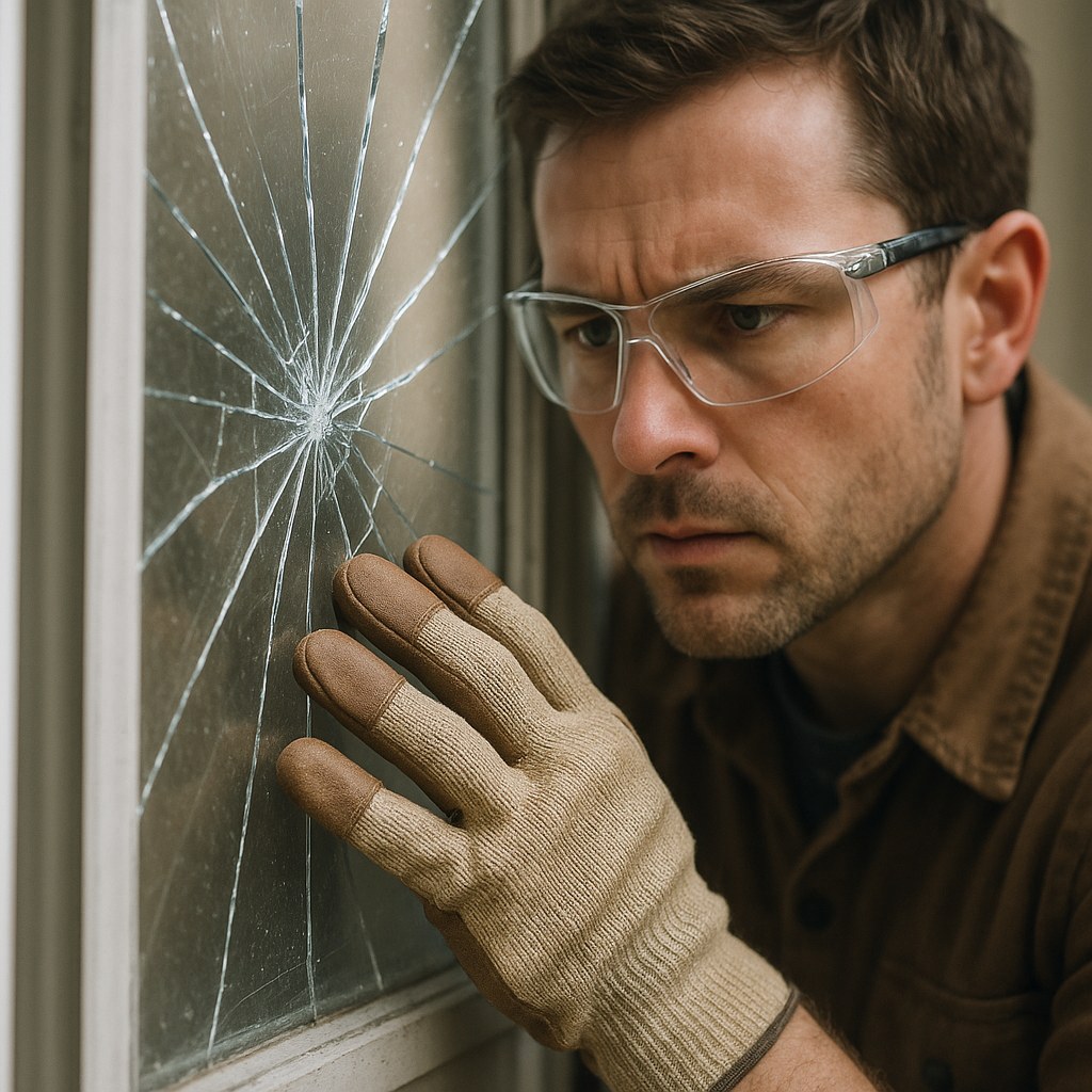 person inspects cracked window pane