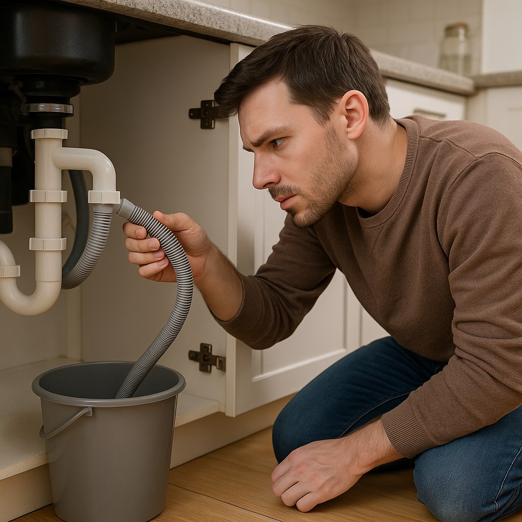 Person inspects dishwasher hose under sink