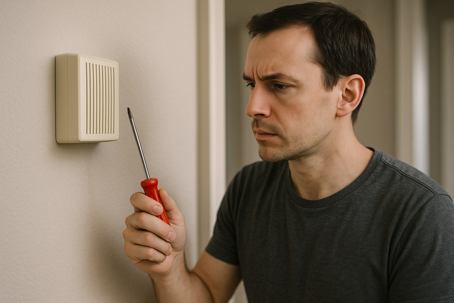 Person inspects doorbell box with screwdriver