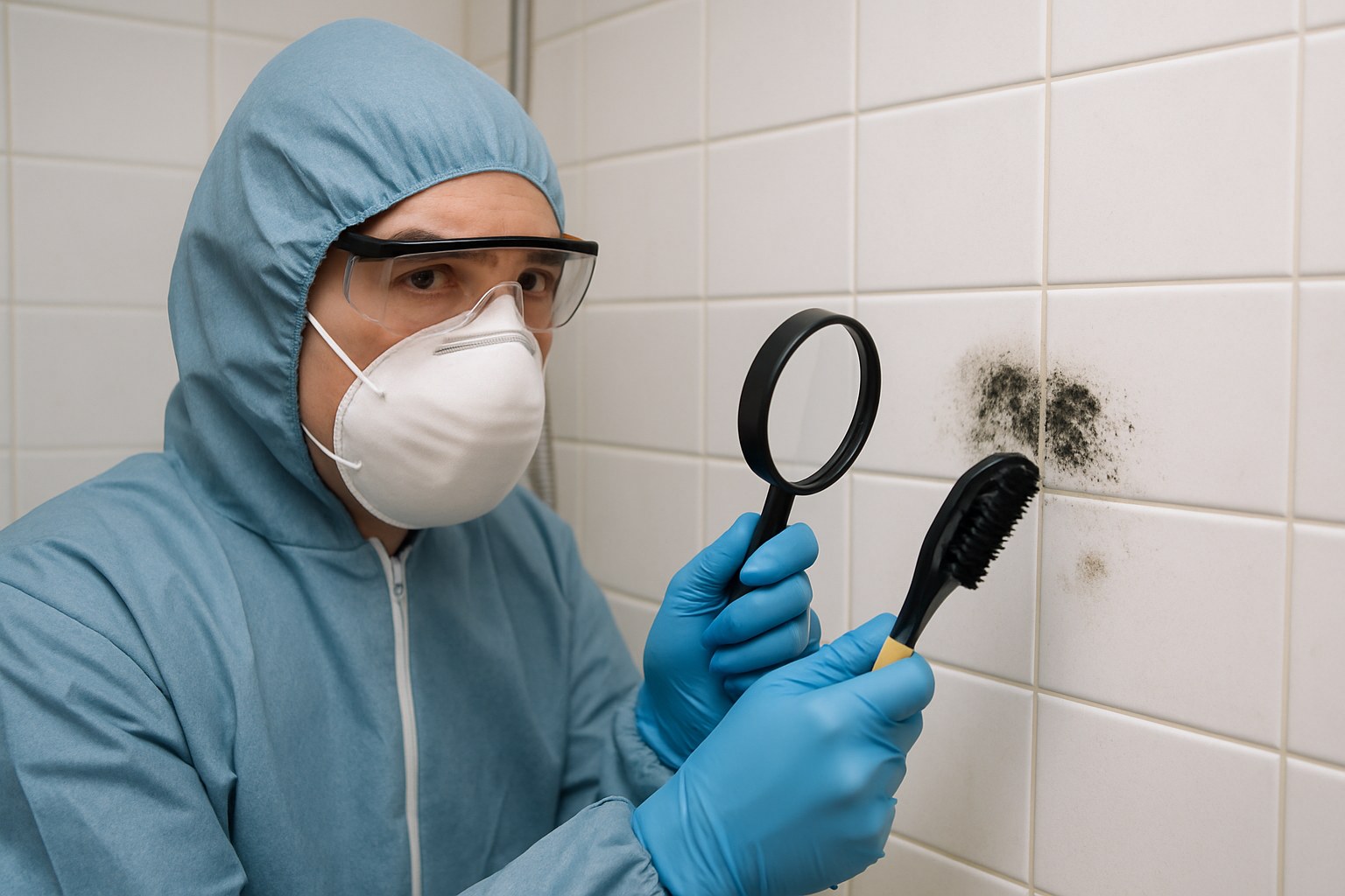 person inspects mold on shower tile