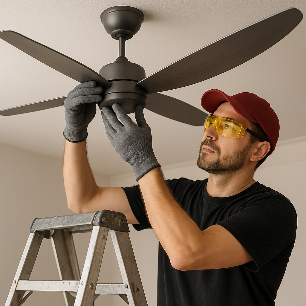 person installing ceiling fan on ladder