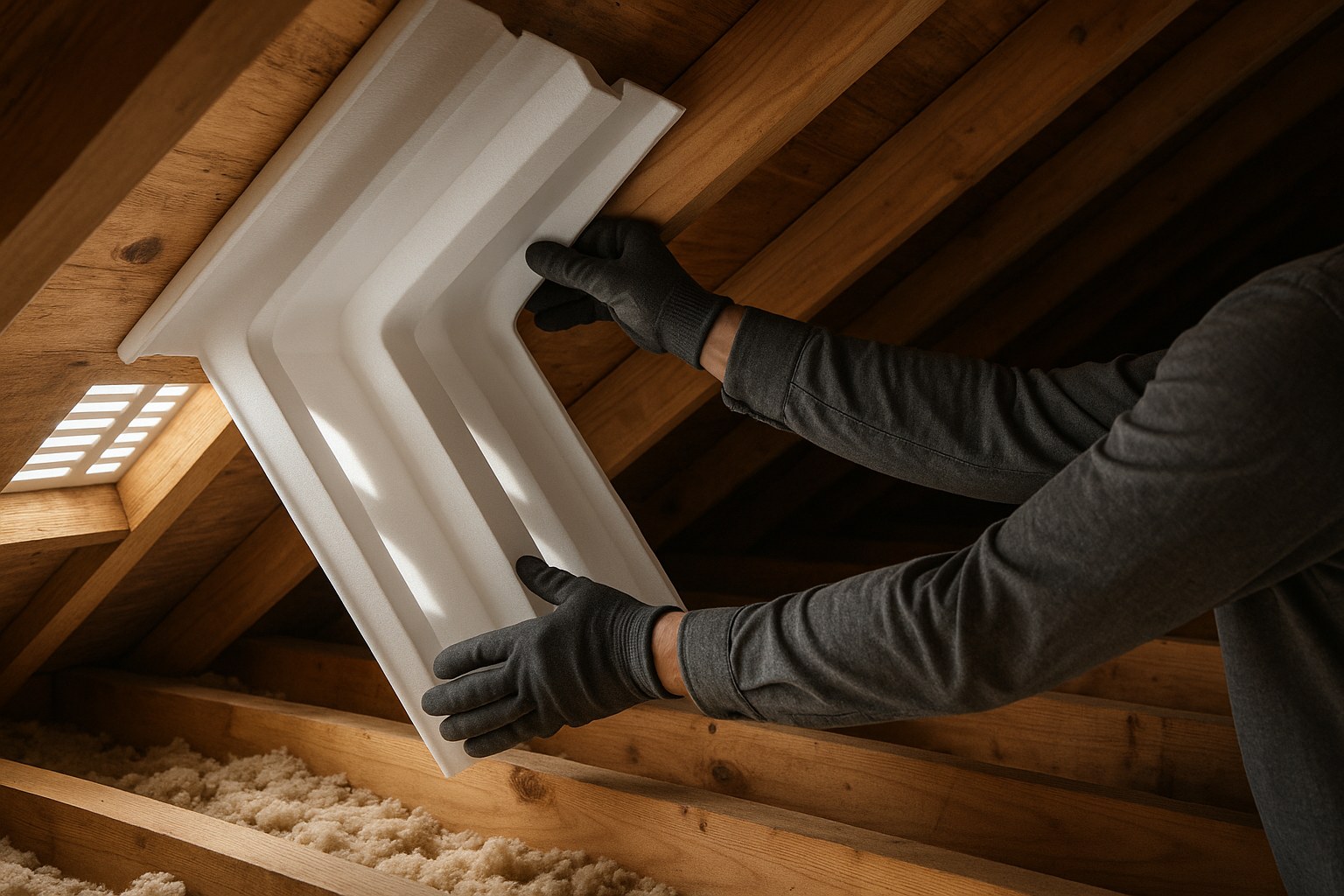 person installing foam baffles in attic