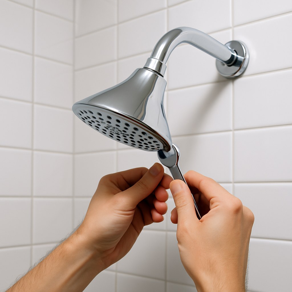 person installing modern chrome shower head