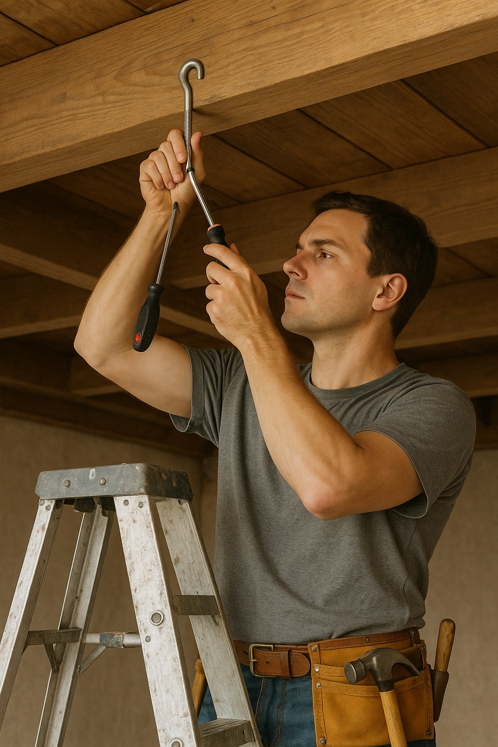 person ladder tightening jhook ceiling joist