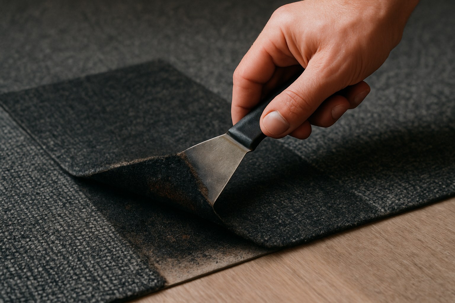person lifts burnt carpet tile edge
