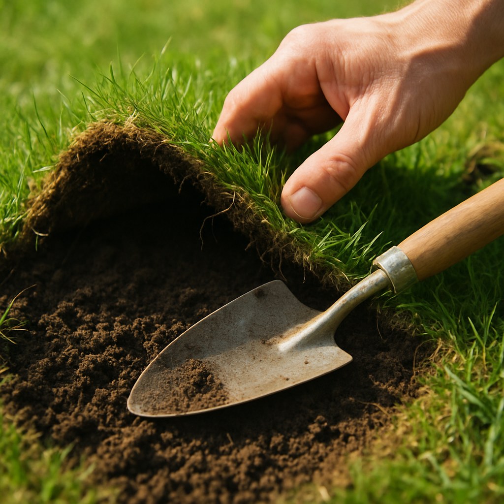 person lifts turf with trowel