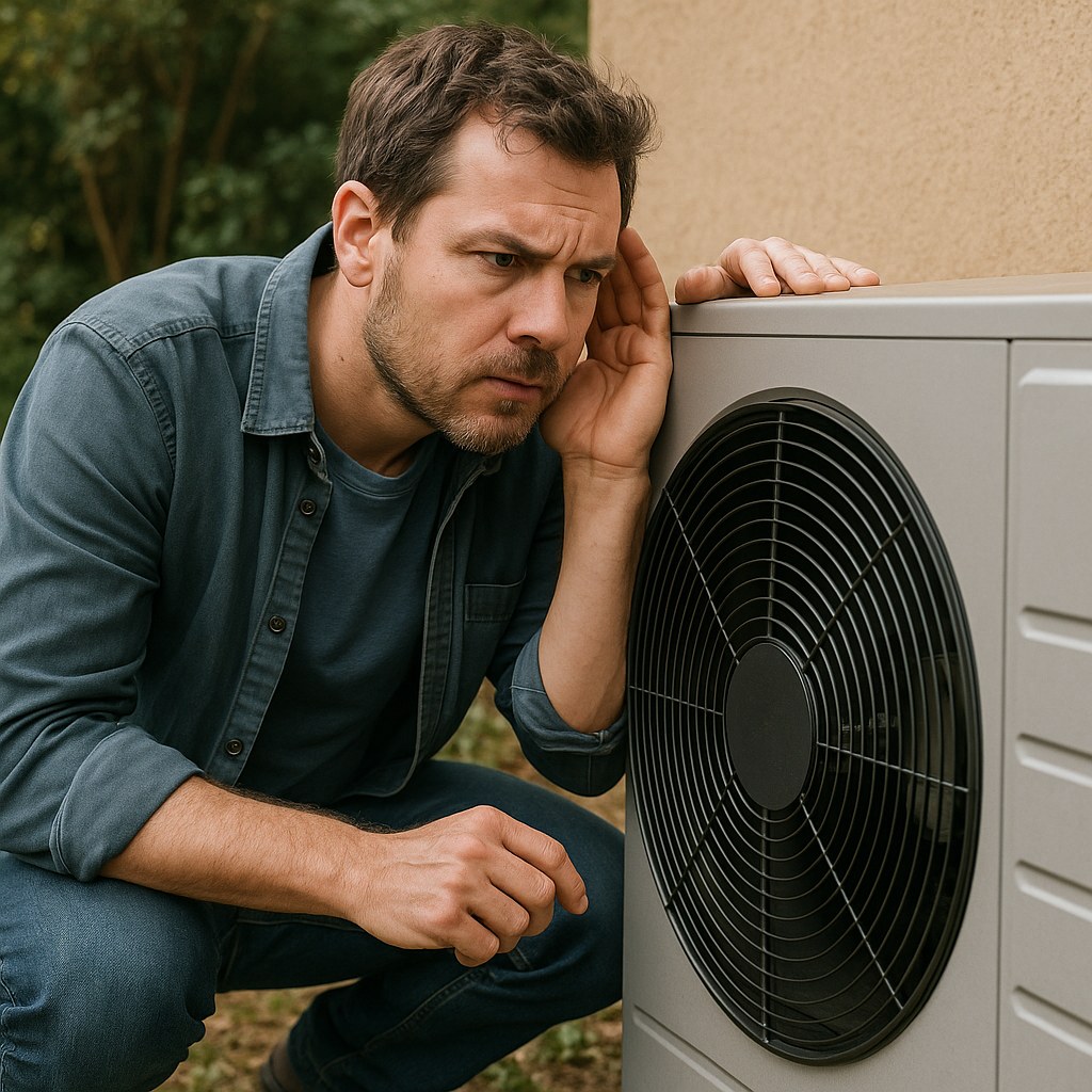 Person listens to outdoor heat pump