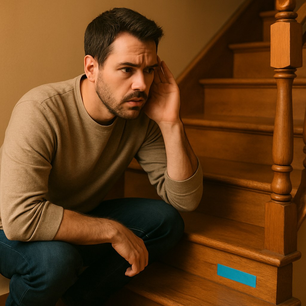 Person listens to staircase with tape