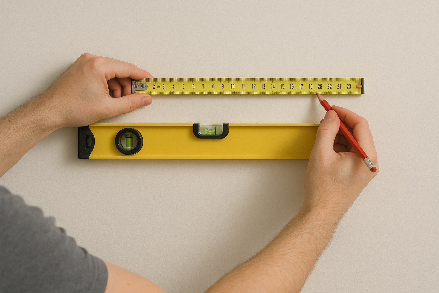 Person marking blank wall for shelf
