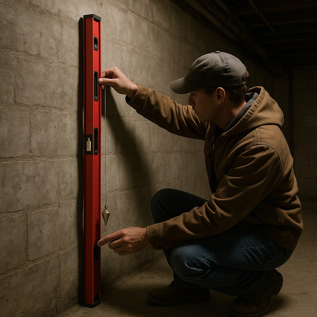 Person measuring bowed basement foundation wall