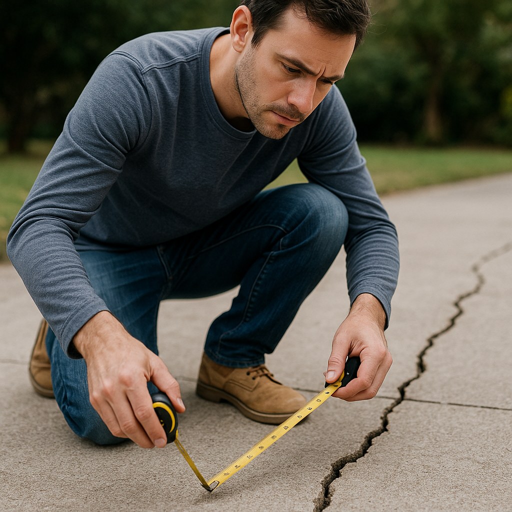 person measuring crack in driveway