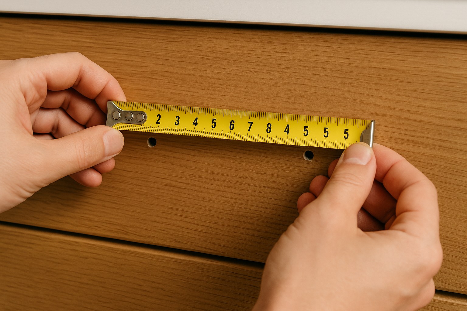 Person measuring distance between screw holes