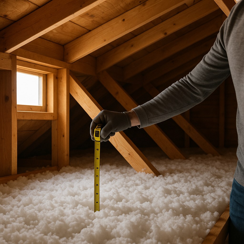 Person measuring insulation depth in attic
