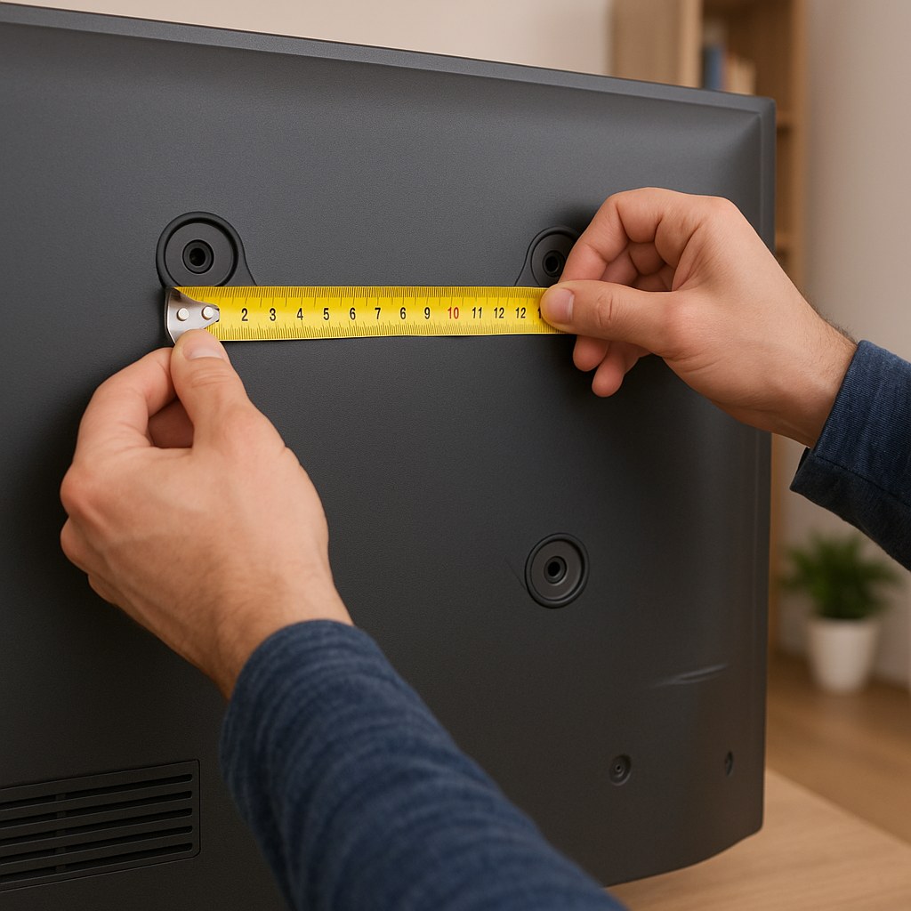 person measuring vesa pattern on tv