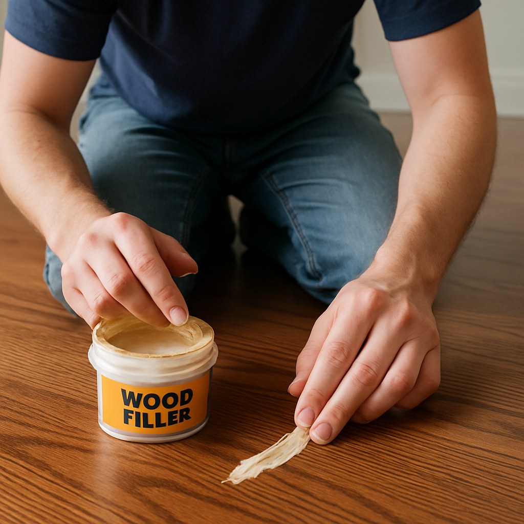 Person mends hardwood scratch with filler