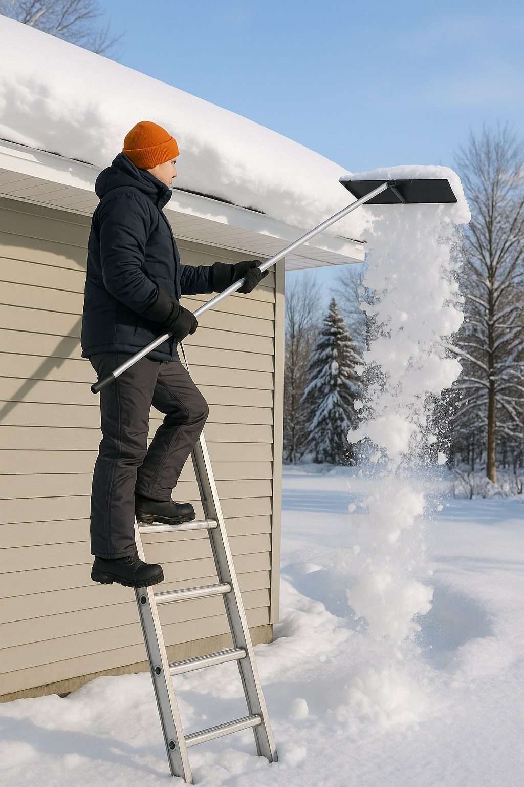 Person on ladder clearing roof snow