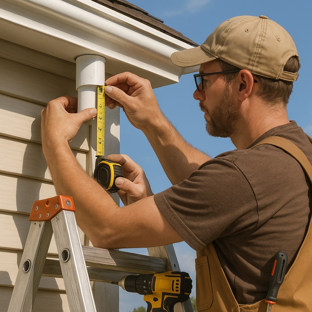 Person on ladder measuring gutter outlet