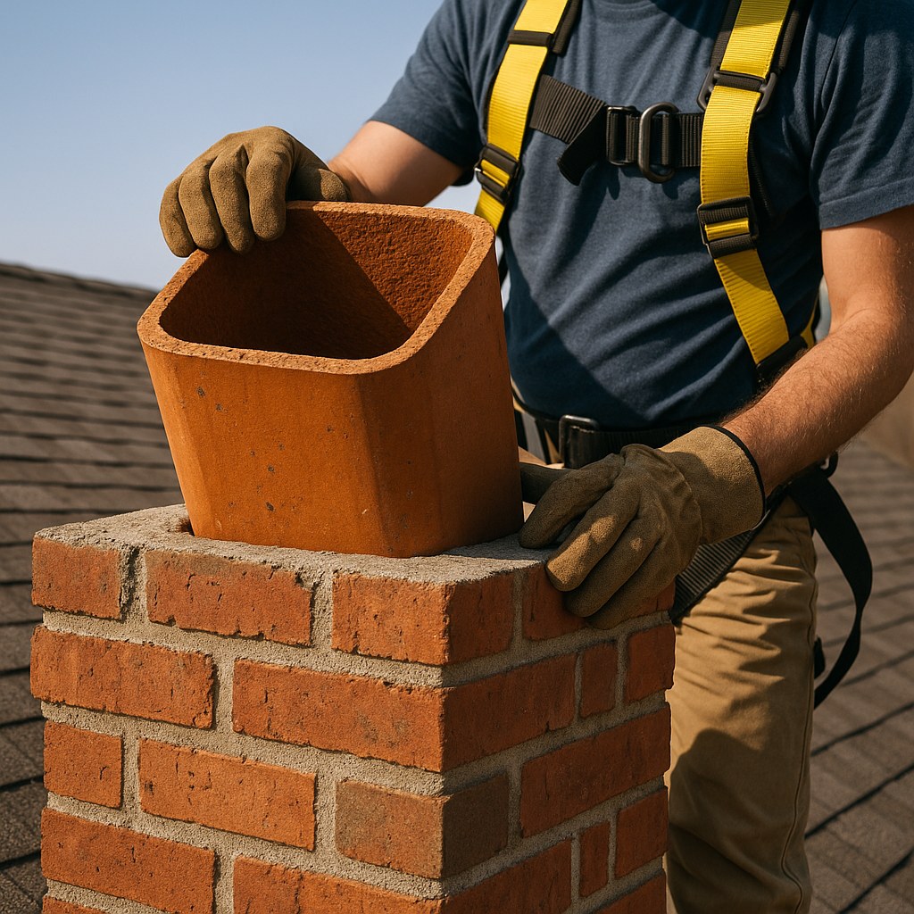 person on roof inspecting chimney